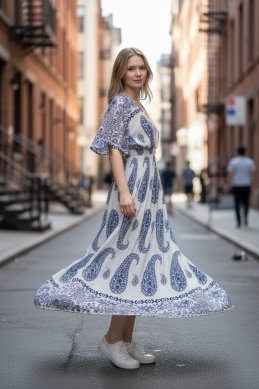 Vera - V-ringad långklänning med smock - Blå - OneSize