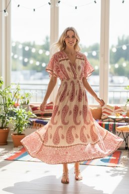 Vera - V-ringad långklänning med smock - Rosa - OneSize