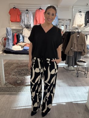 Chanise - Mönstrad byxa med resår - Svart/Creme