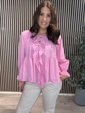 Barbro - Blus med spets och knyt - Rosa - One Size