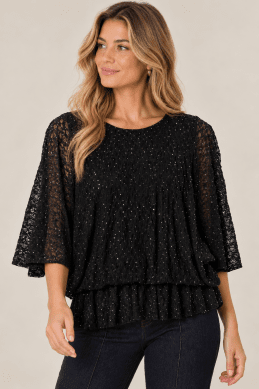 Carola - Blus i spets med stenar - Svart - Brun