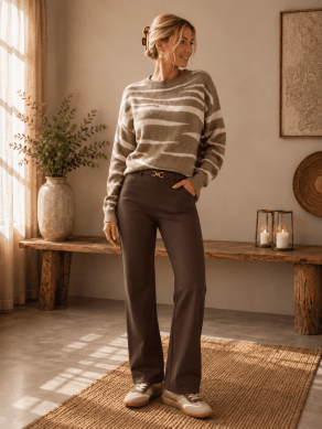 Ruby - Byxa bootcut med guldspänne - Brun