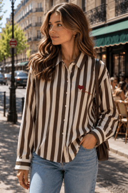 Clarissa - Randig satinblus - Brun/ Creme
