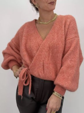 Sol - Stickad omlottkofta - Korall - One Size