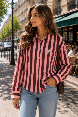 Clarissa - Randig satinblus - Plommon/ Rosa