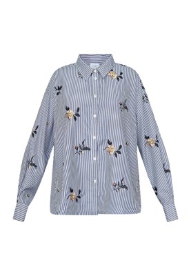 Zoom bild av Enola - Blå randig skjorta med broderade blommor - Marinblå / Vit