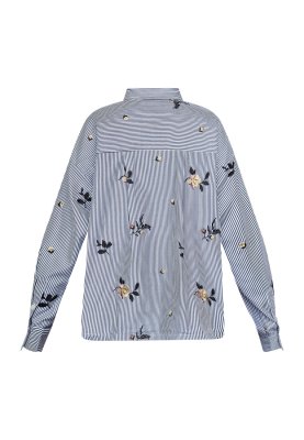 Zoom bild av Enola - Blå randig skjorta med broderade blommor - Marinblå / Vit
