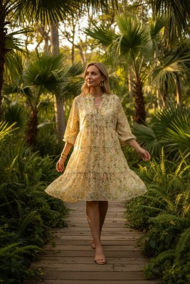 Zoom bild av Belle - Blommig klänning i tencel - Gul - One Size