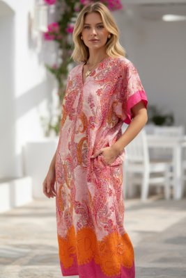 Zoom bild av Ranya paisleymönstrad midiklänning - Cerise - One Size