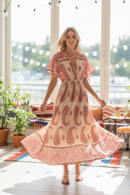 Zoom bild av Vera - V-ringad långklänning med smock - Rosa - OneSize