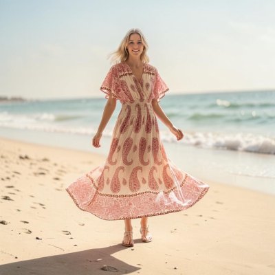 Zoom bild av Vera - V-ringad långklänning med smock - Rosa - OneSize