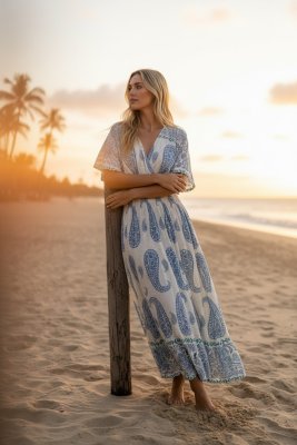 Zoom bild av Vera - V-ringad långklänning med smock - Ljusblå - OneSize