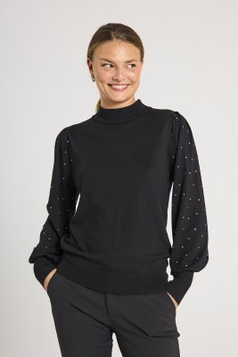 Zoom bild av Dotka - Finstickad tröja med strass på ärmen - Svart