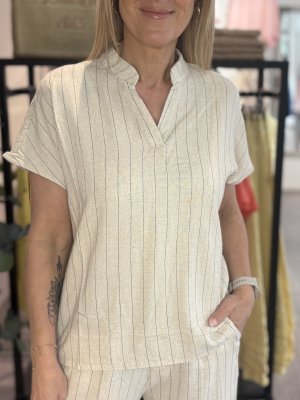 Zoom bild av Katja - Randig topp i viskos & lin - Beige