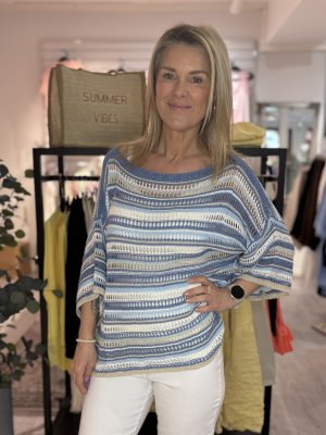 Zoom bild av Tyra - Hålstickad tröja - Blå - OneSize