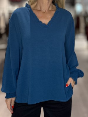 Zoom bild av Rebecka - Blus med liten volang på kragen - Petrol - One Size