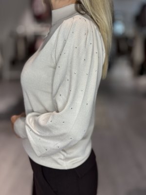 Zoom bild av Dotka - Finstickad tröja med strass på ärmen - Ljusbeige