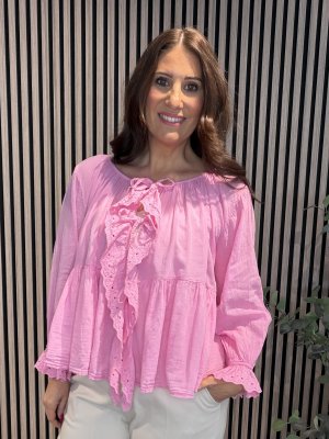 Zoom bild av Barbro - Bomullsblus med spets och knyt - Rosa - One Size