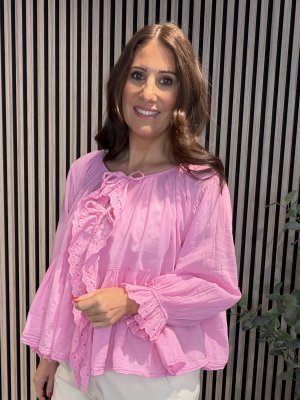 Zoom bild av Barbro - Bomullsblus med spets och knyt - Rosa - One Size