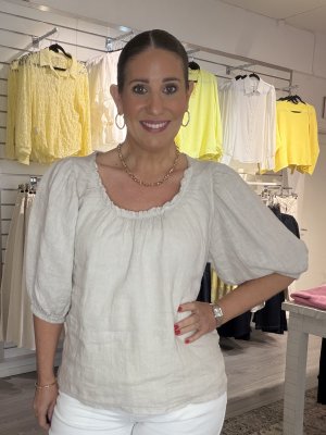 Zoom bild av CF - Tessie - Linnetopp med resår i halsen - Beige