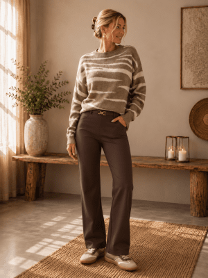 Zoom bild av Ruby - Byxa bootcut med guldspänne - Brun