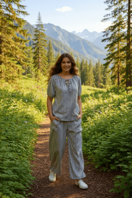 Zoom bild av Mary - Randig byxa med resår - Brun / Vit