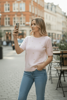 Zoom bild av Karen - Tunnstickad topp med hjärtan - Rosa