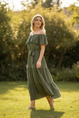 Zoom bild av Sara - Maxiklänning med volang - Army - One size