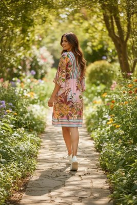 Zoom bild av Nicole - Blommig klänning med snörning - Rosa - One Size